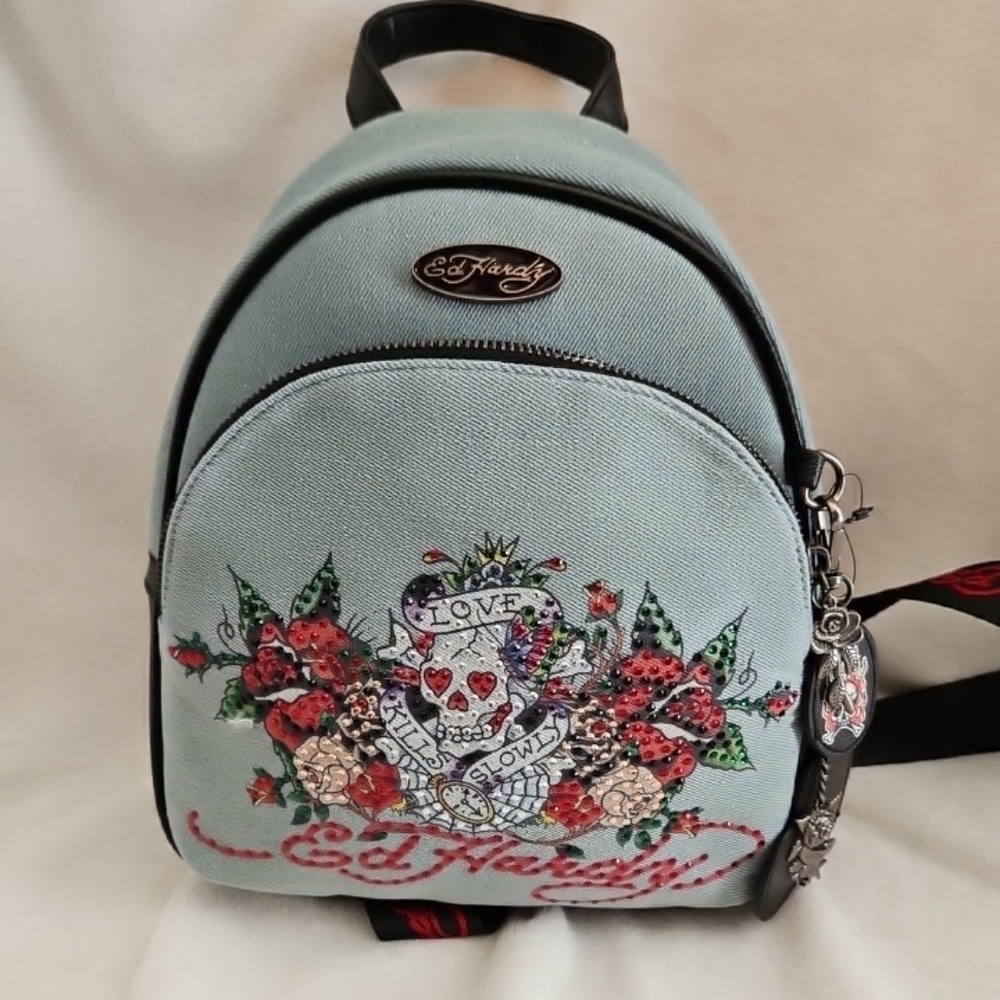 Ed Hardy Mint Blue Floral Skull Mini Backpack with Embellished Accents